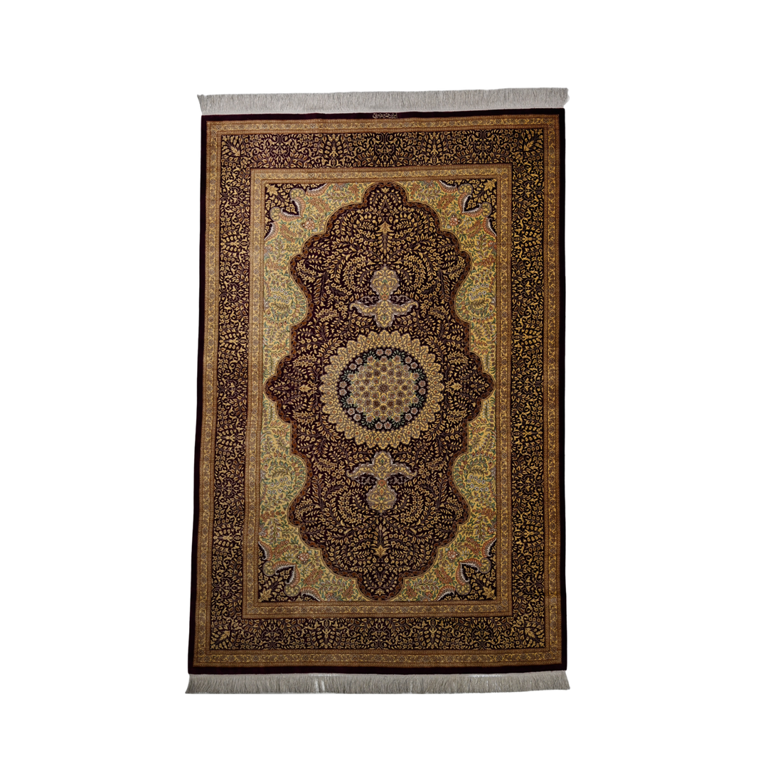 Prayer Persian handmade silk rug in Maroon, 200 × 128