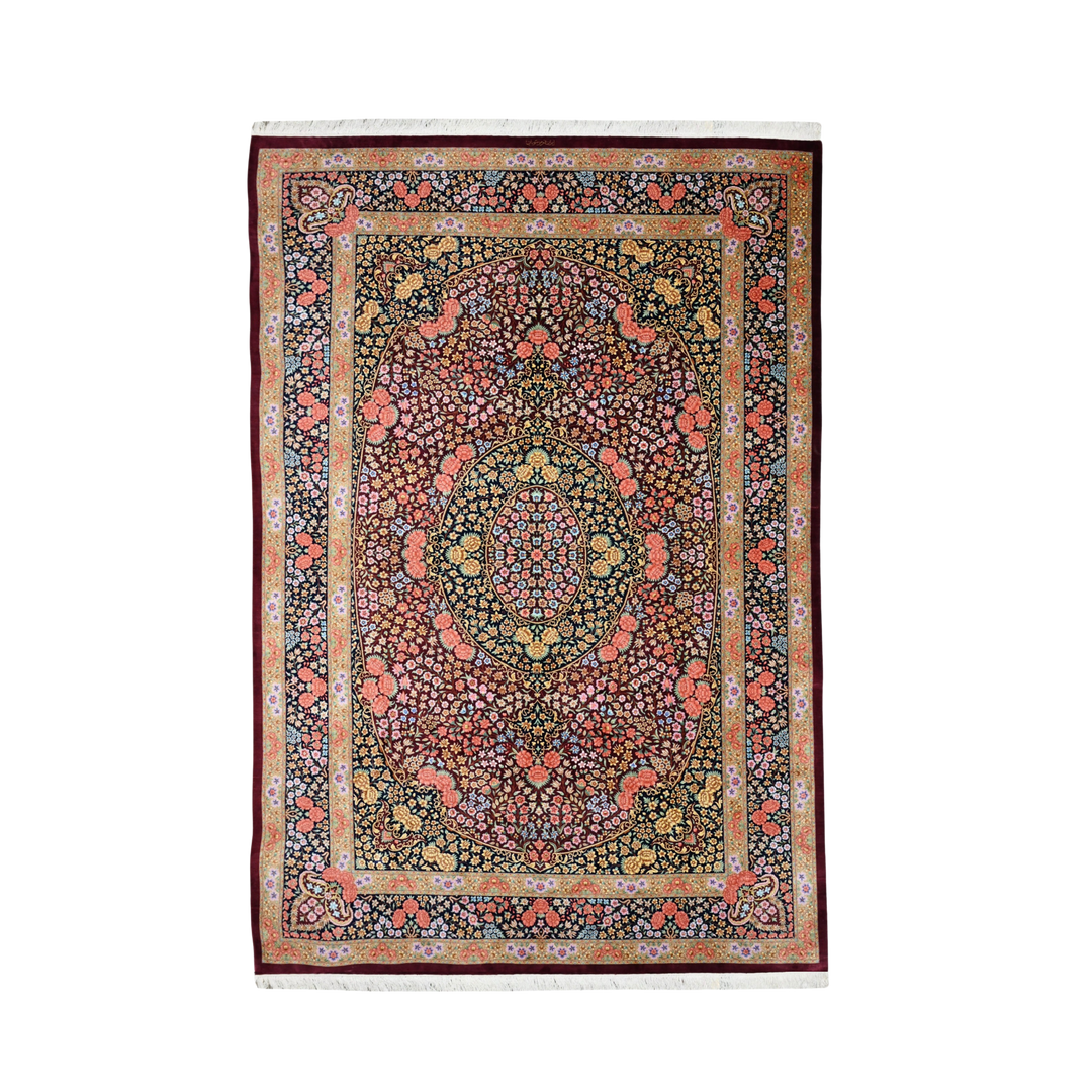 Floral Medallion Persian handmade silk rug in Red, 291 × 198 cm