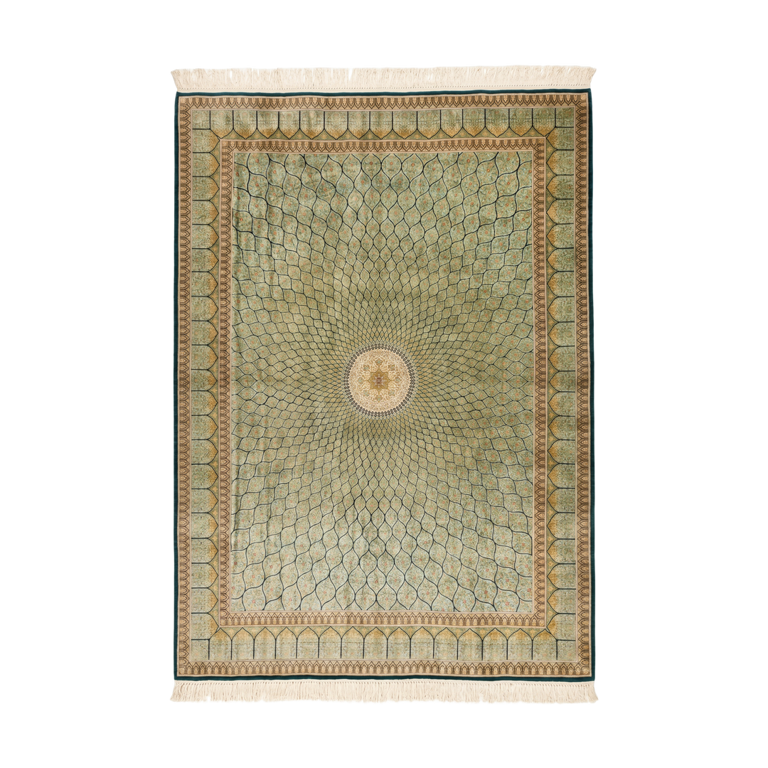 Islamic Persian handmade silk rug in Green, 395 × 294 cm