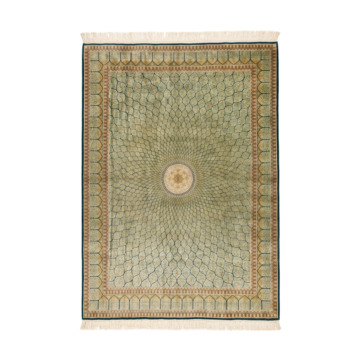 Islamic Persian handmade silk rug in Green, 395 × 294 cm