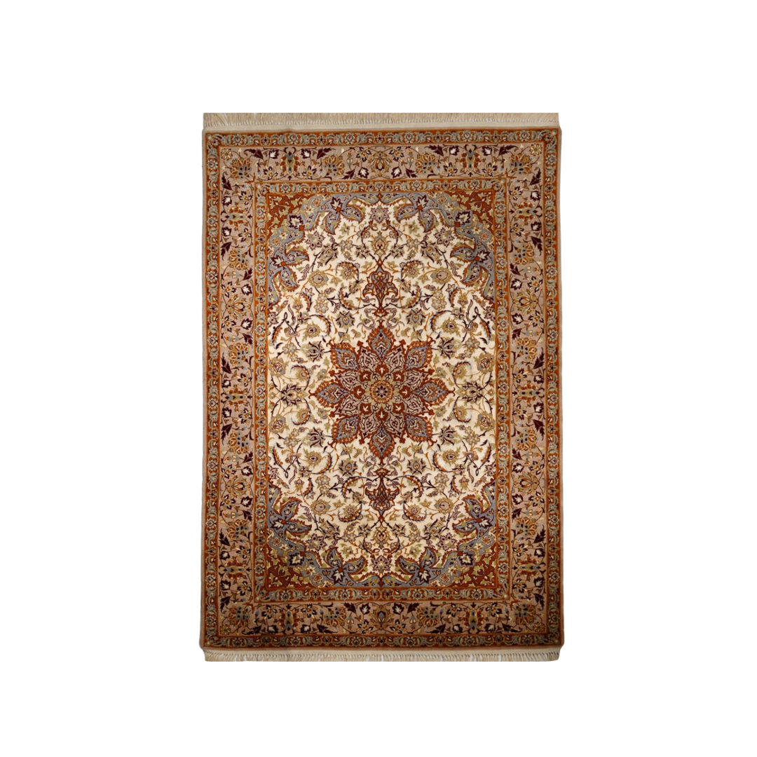 Floral medallion Persian handmade wool and silk rug in Brown, 182 × 107 cm
