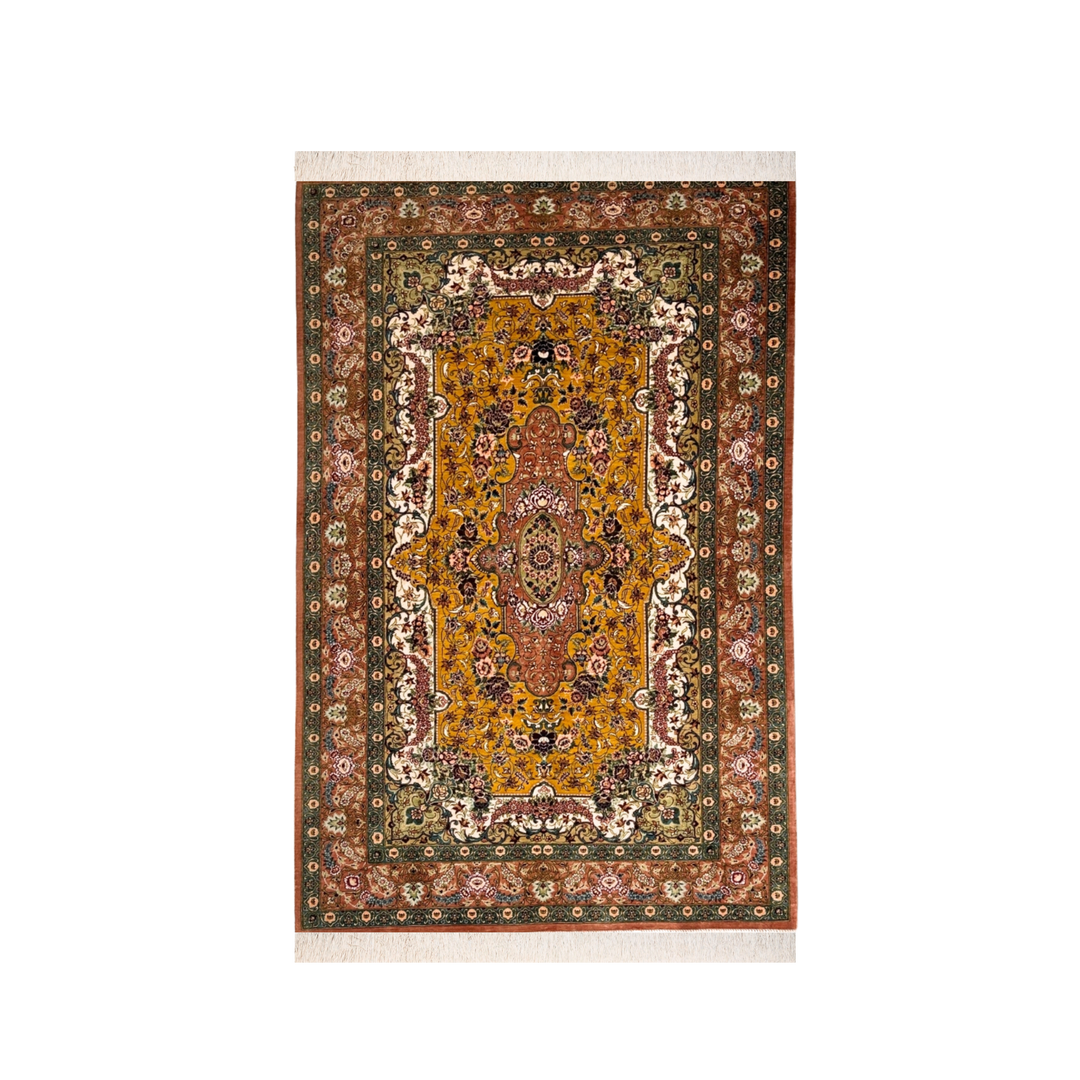 Elongated medallion Persian handmade silk rug in Pink, 150 × 100 cm