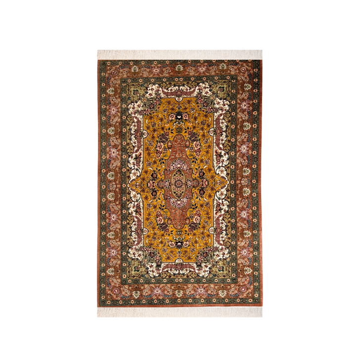 Elongated medallion 波斯手工丝绸地毯，粉色，150 × 100 cm