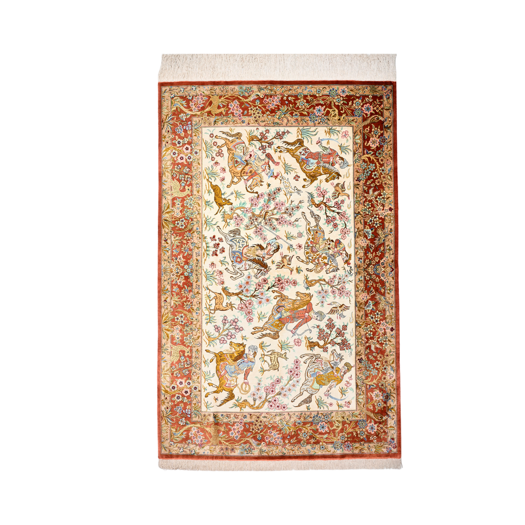 Hunting Persian handmade silk rug in Red, 160 × 102 cm