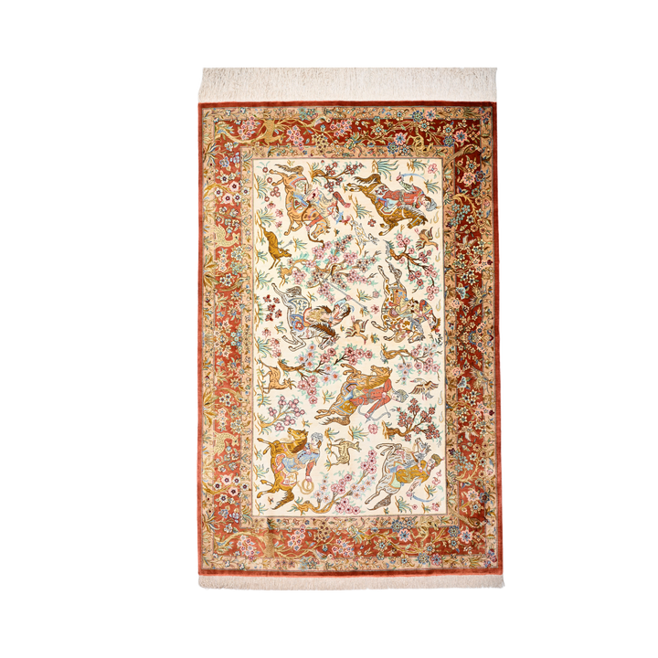 سجادة فارسية حريرية مصنوعة يدويًا Hunting، بلون أحمر، 160 × 102 cm