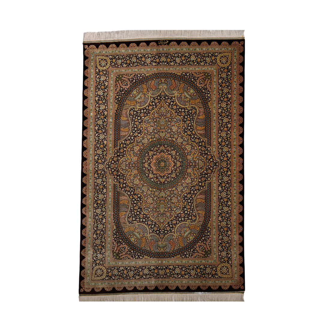 Central Medallion Persian handmade silk rug in Dark Brown, 211 × 132 cm