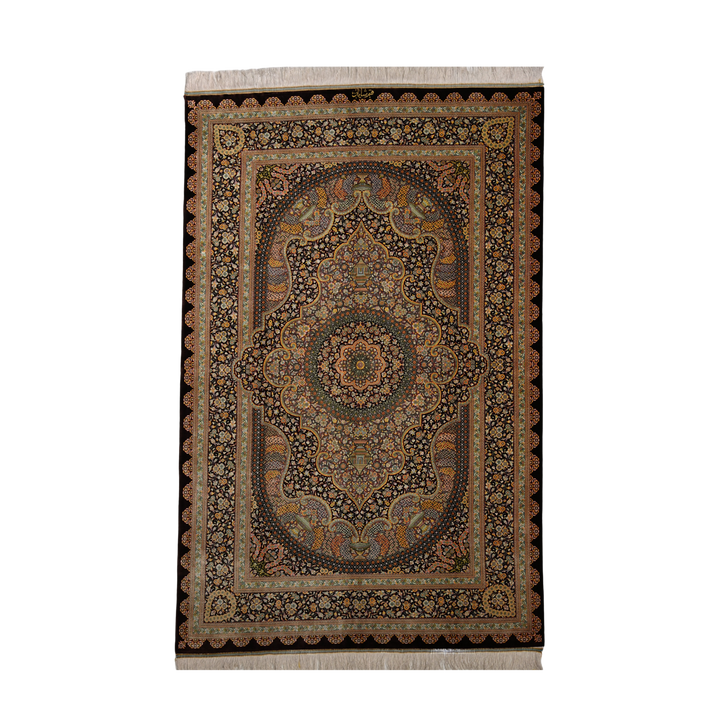 Central Medallion Persian handmade silk rug in Dark Brown, 211 × 132 cm