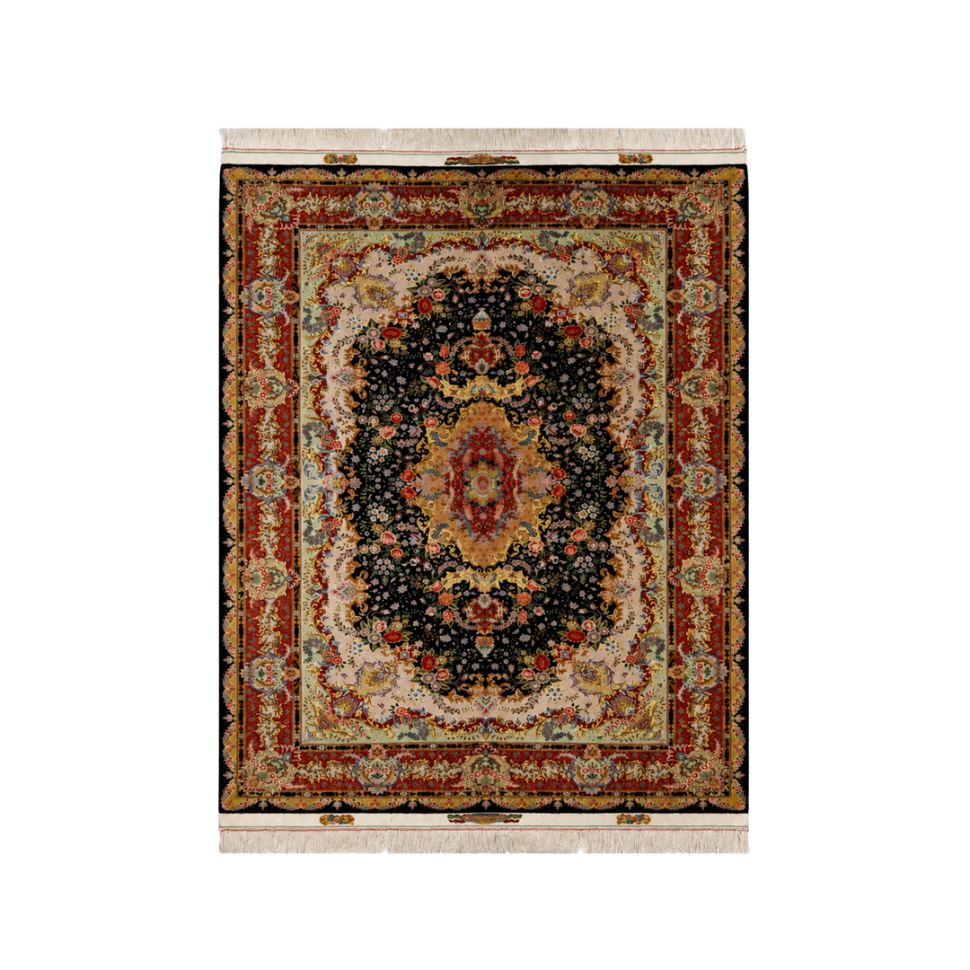 Corner Medallion Persian handmade silk rug in Black, 237 × 157 cm
