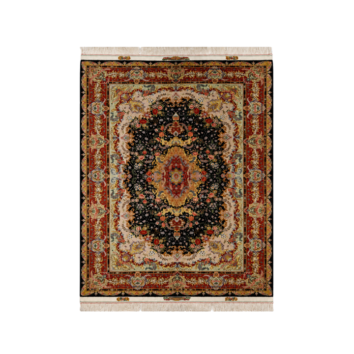 Corner Medallion 波斯手工丝绸地毯，黑色，237 × 157 cm