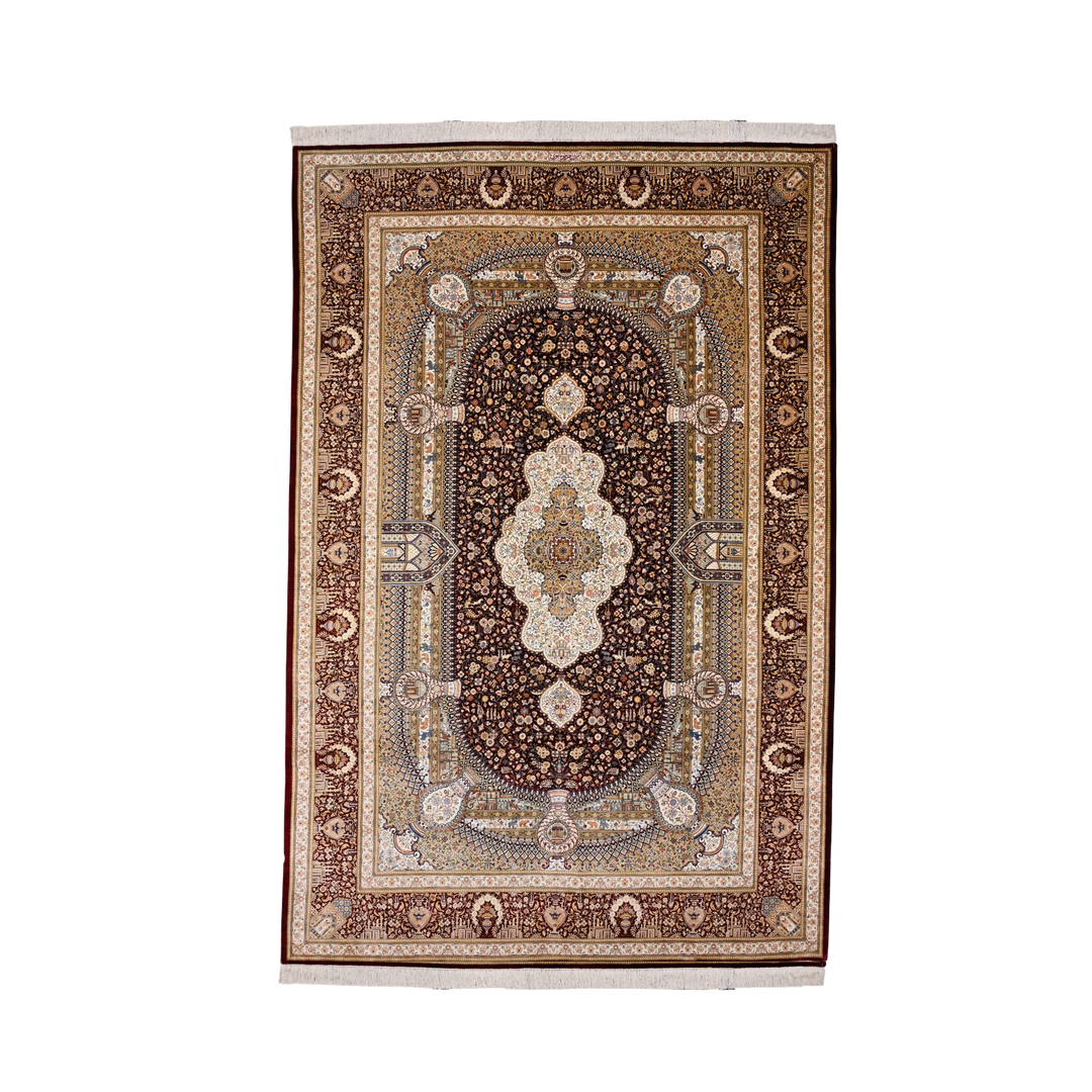 Mosque Persian handmade silk rug in Red, 299 × 200 cm