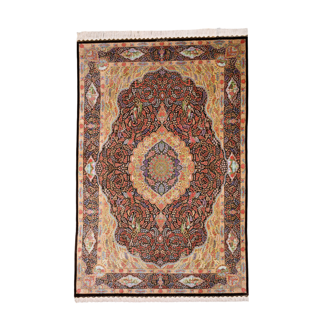 Vase Persian handmade silk rug in Brown, 291 × 197 cm