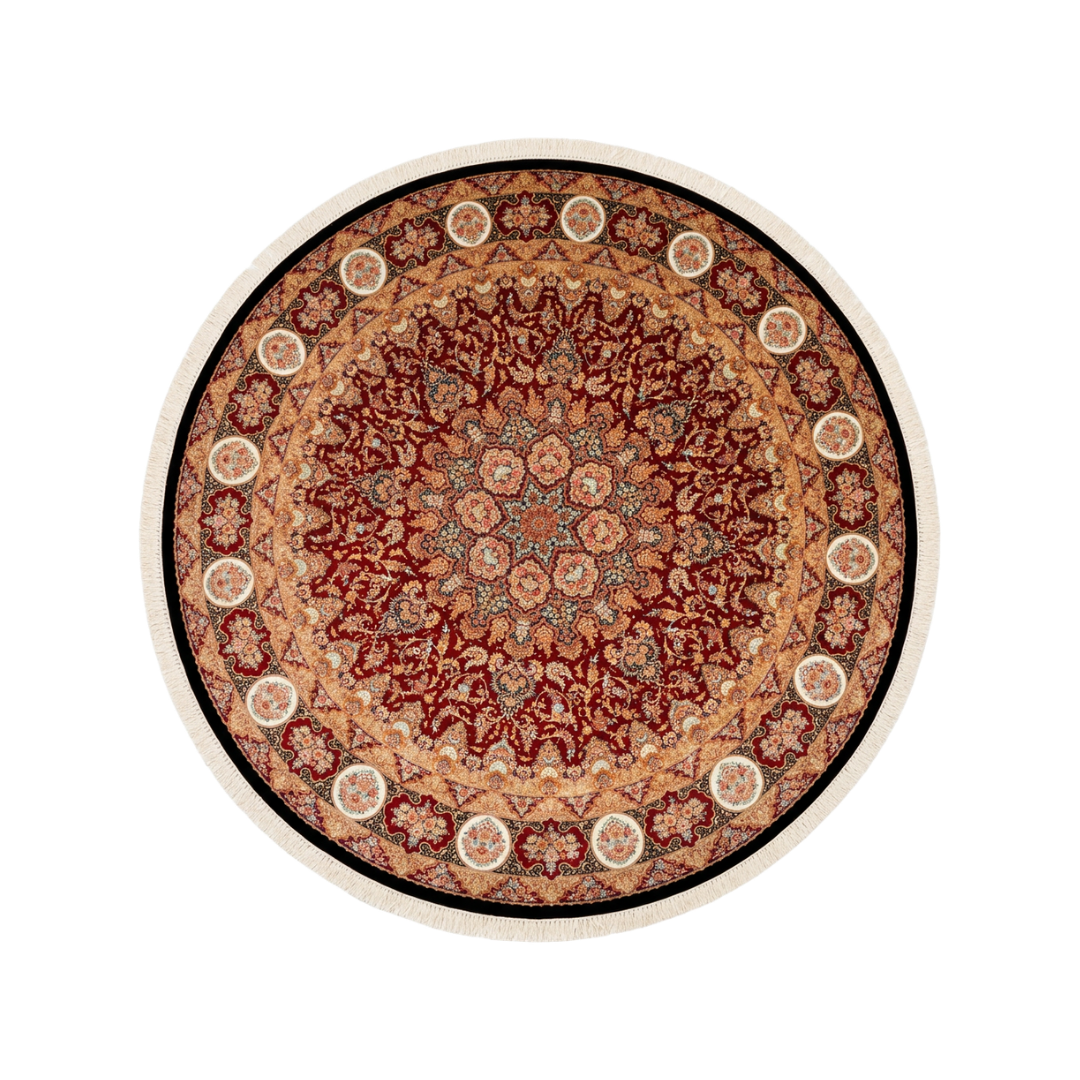 Floral Medallion Persian handmade silk rug in Dark Red, 346 × 346 cm