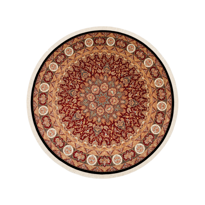 Floral Medallion Persian handmade silk rug in Dark Red, 346 × 346 cm