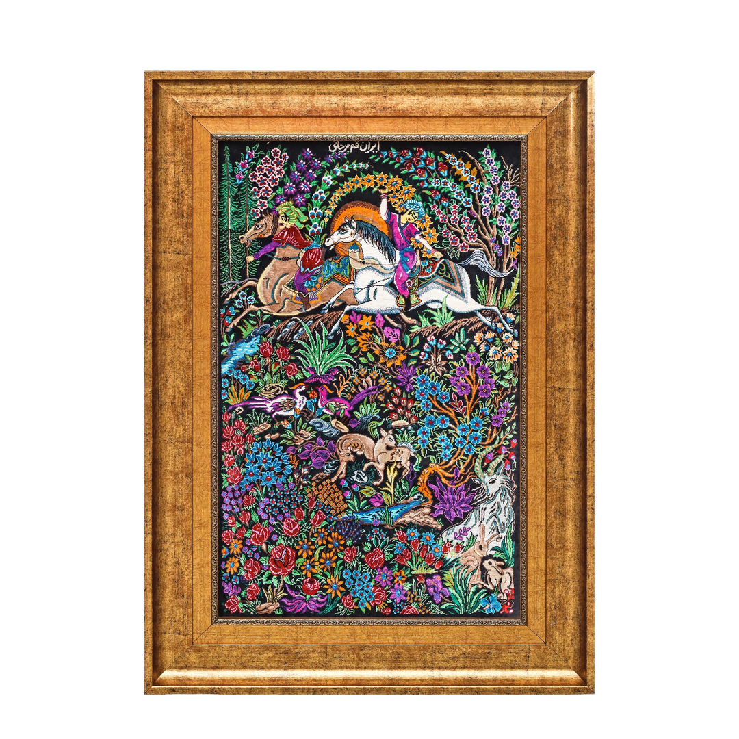 Hunting Persian handmade silk rug in Black, 68 × 42 cm
