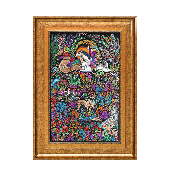 Hunting Persian handmade silk rug in Black, 68 × 42 cm