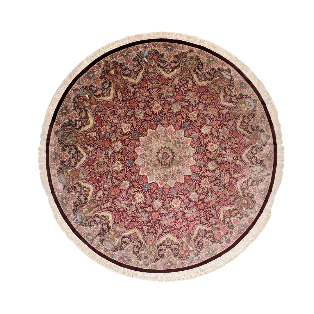 Medallion Shah Abbasi Persian handmade silk rug in Brown, 393 × 393 cm