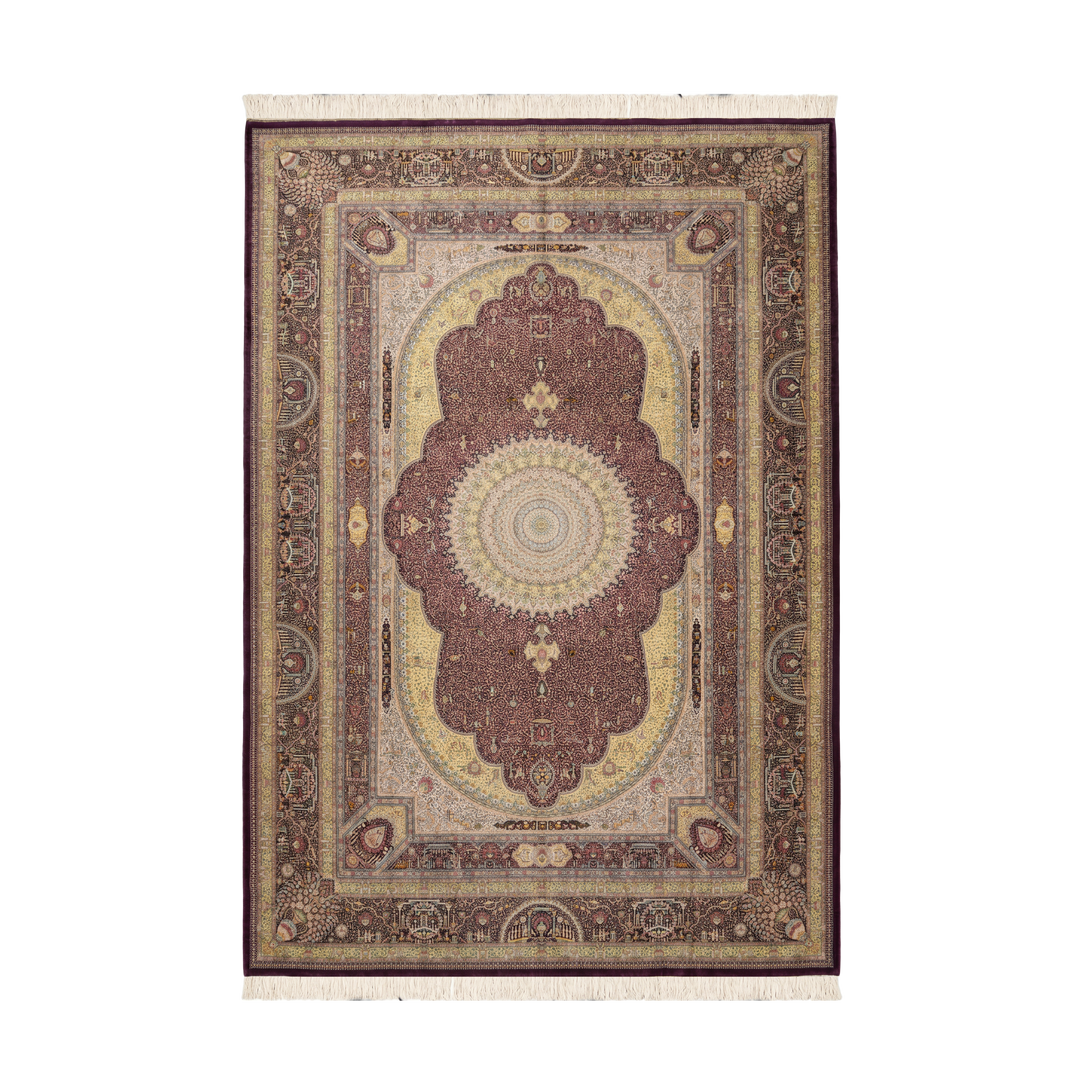 Pictorial panel medallion Persian handmade silk rug in Purple, 605 × 398 cm