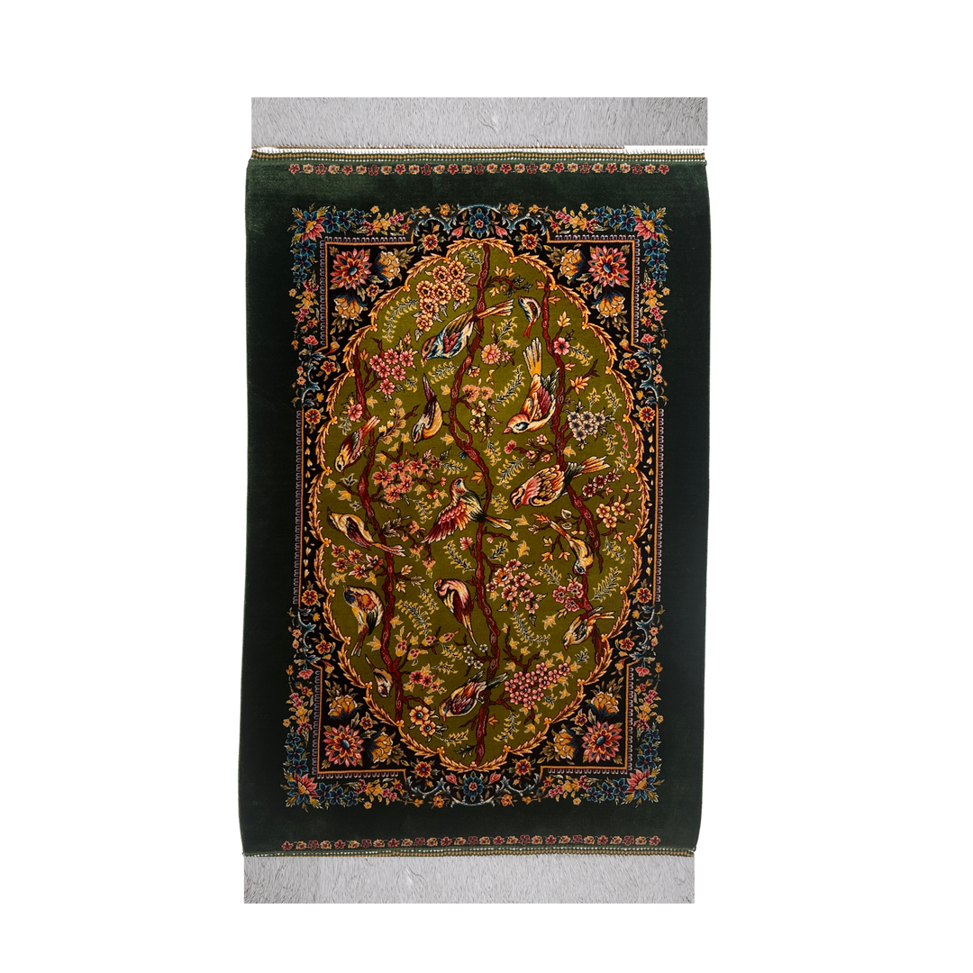 Bird Garden machine-made Persian Silk rug in Light Green, 90 × 60 cm