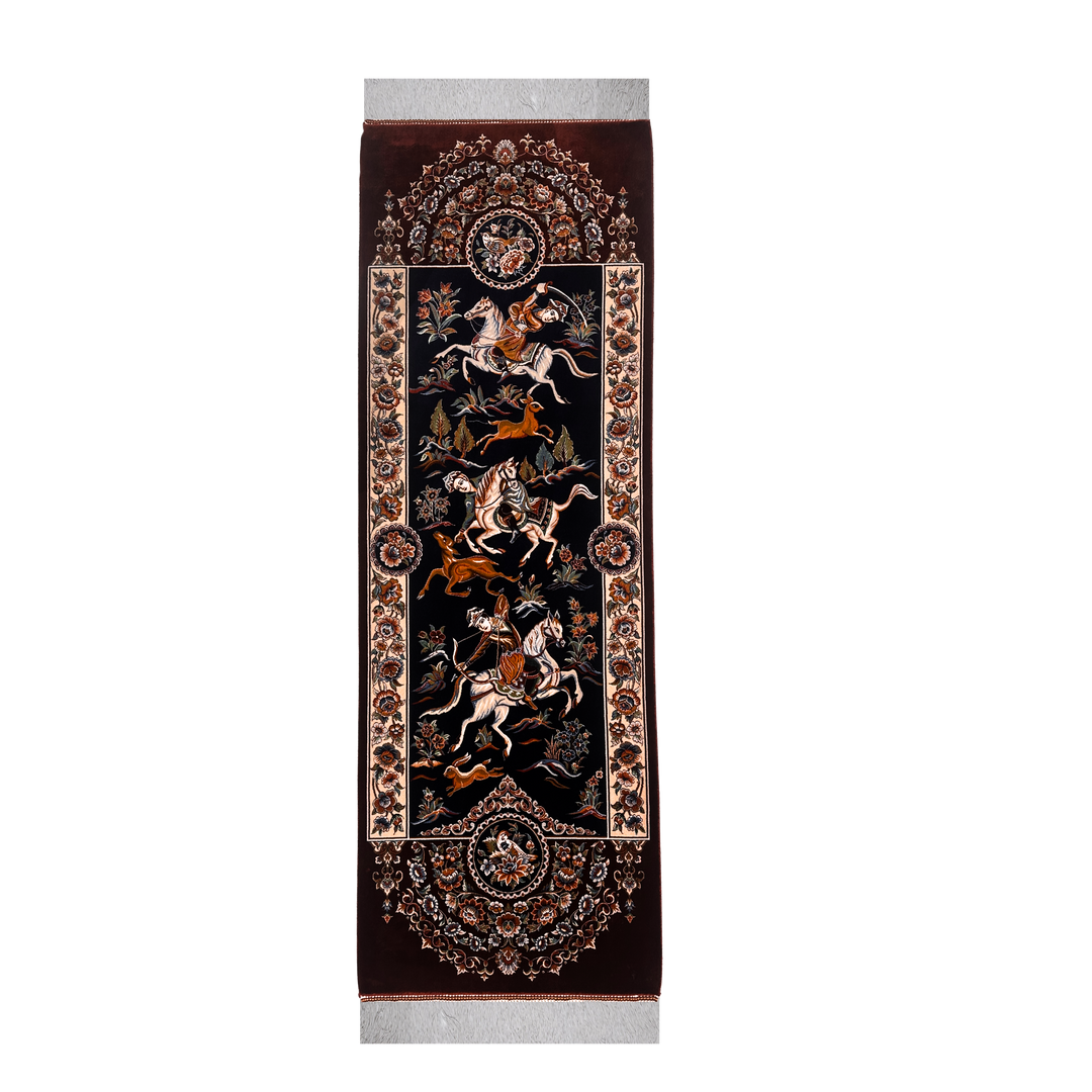 Hunting machine-made Persian Silk rug in Red, 140 × 50 cm