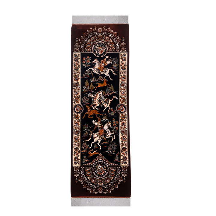 Персидский шёлковый ковёр машинного производства Hunting, цвет: красный, 140 × 50 cm