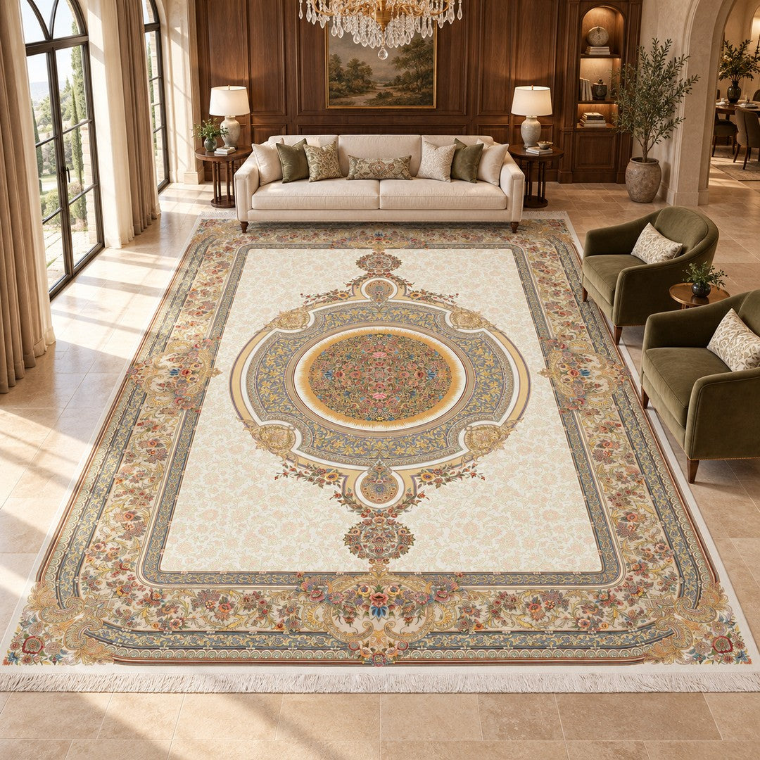 AI-generated interior visualization — 12RD044-0055 — rug 600 x 400 cm; illustrative staging.
