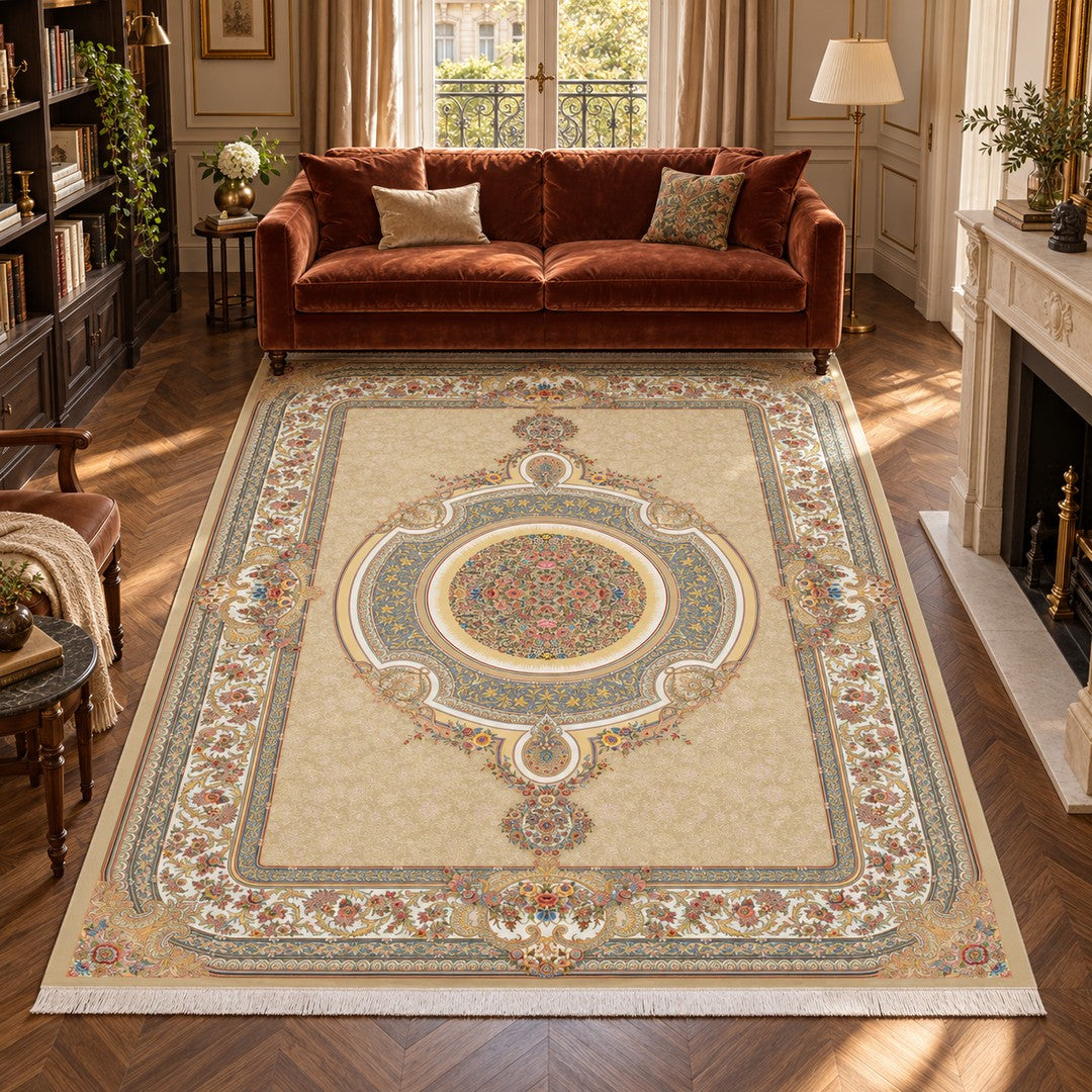 AI-generated interior visualization — 12RD044-0056 — rug 300 x 200 cm; illustrative staging.