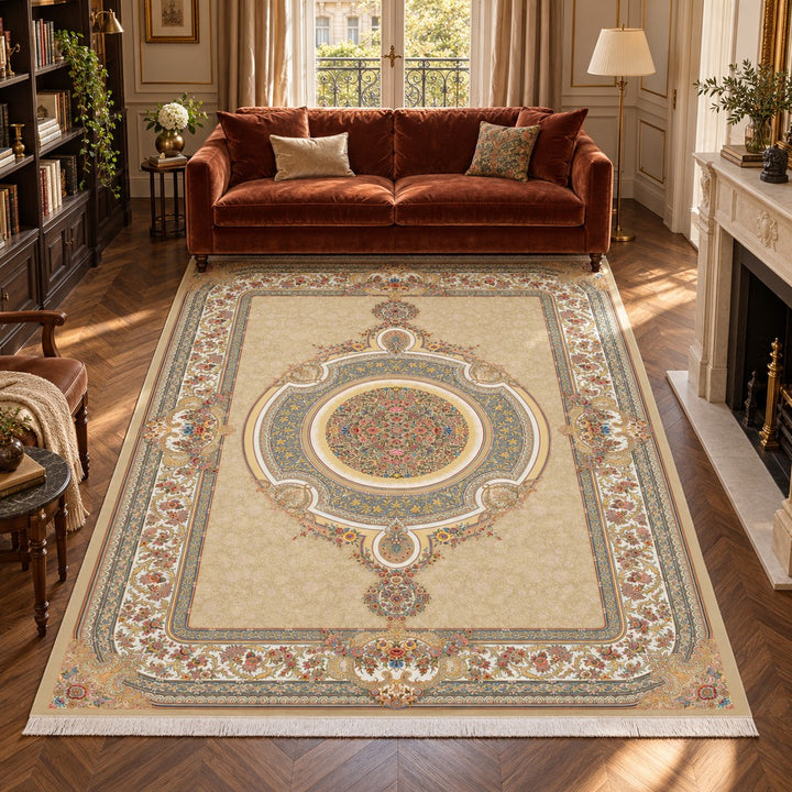 AI-generated interior visualization — 12RD044-0056 — rug 300 x 200 cm; illustrative staging.