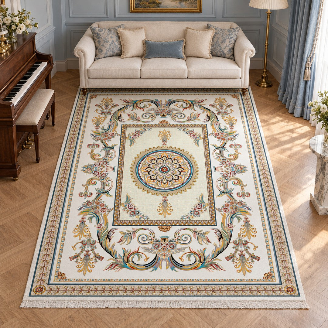 AI-generated interior visualization — 12RD051-0053 — rug 300 x 200 cm; illustrative staging.