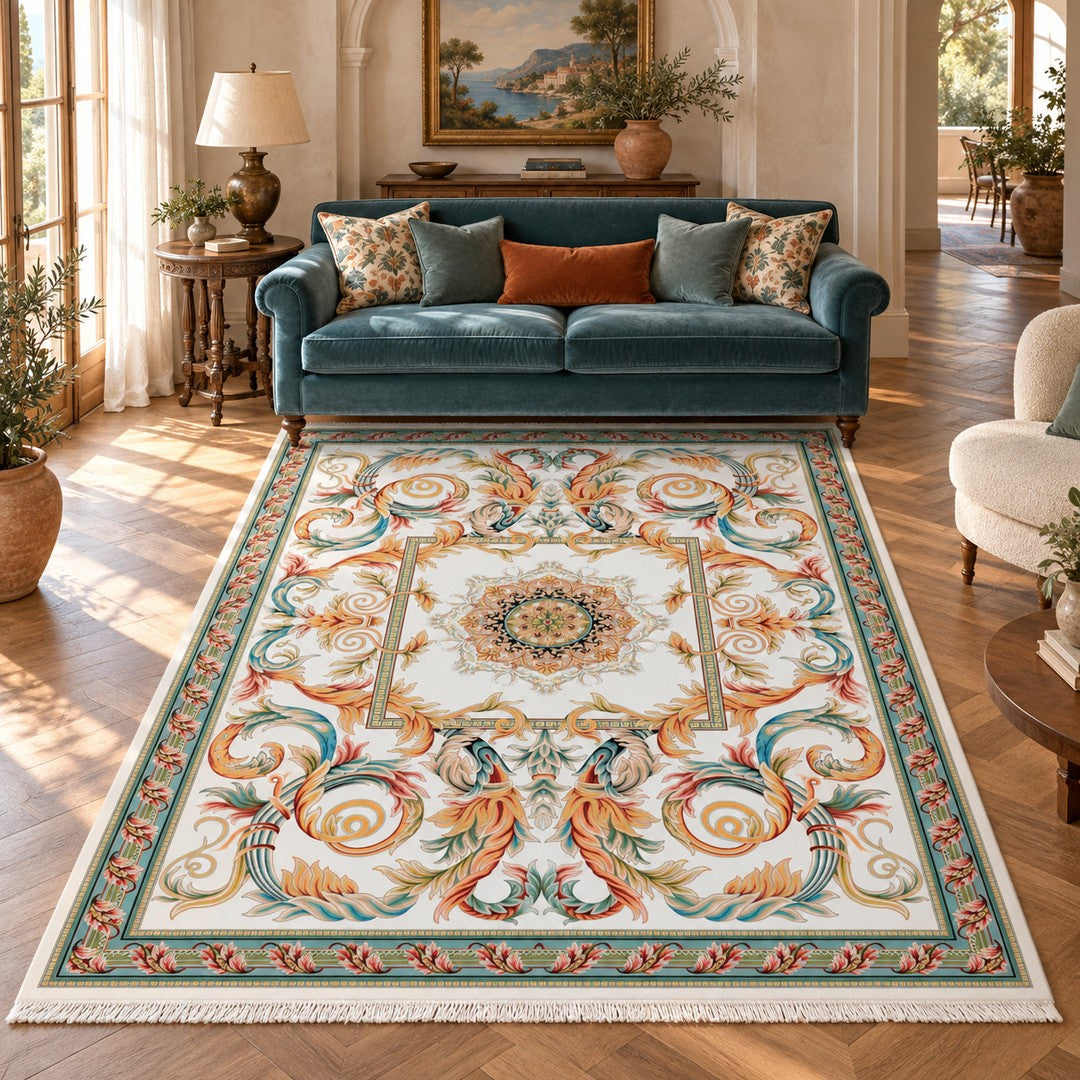 AI-generated interior visualization — 12RD076-0062 — rug 300 x 200 cm; illustrative staging.