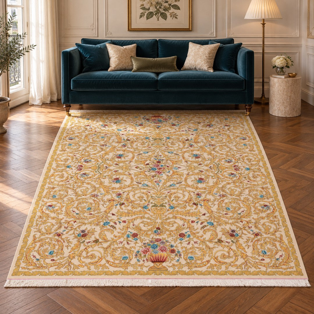 AI-generated interior visualization — 12RD085-0064 — rug 300 x 200 cm; illustrative staging.
