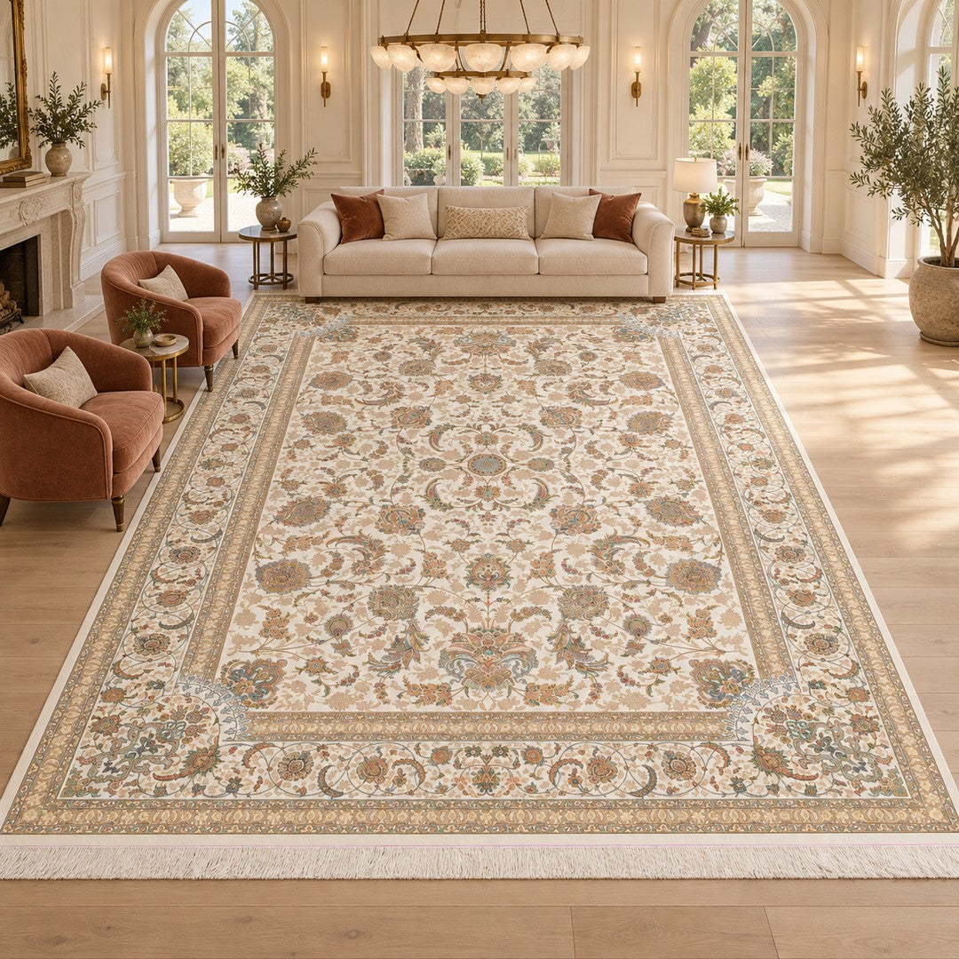 AI-generated interior visualization — 12RD093-0013 — rug 600 x 400 cm; illustrative staging.