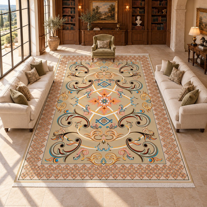 AI-generated interior visualization — 12RD094-0022 — rug 600 x 400 cm; illustrative staging.