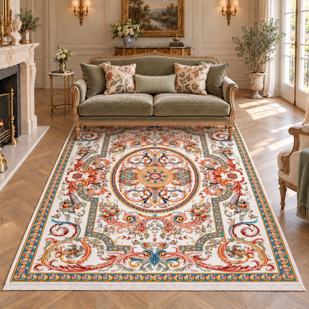 AI-generated interior visualization — 12RD118-0066 — rug 300 x 200 cm; illustrative staging.