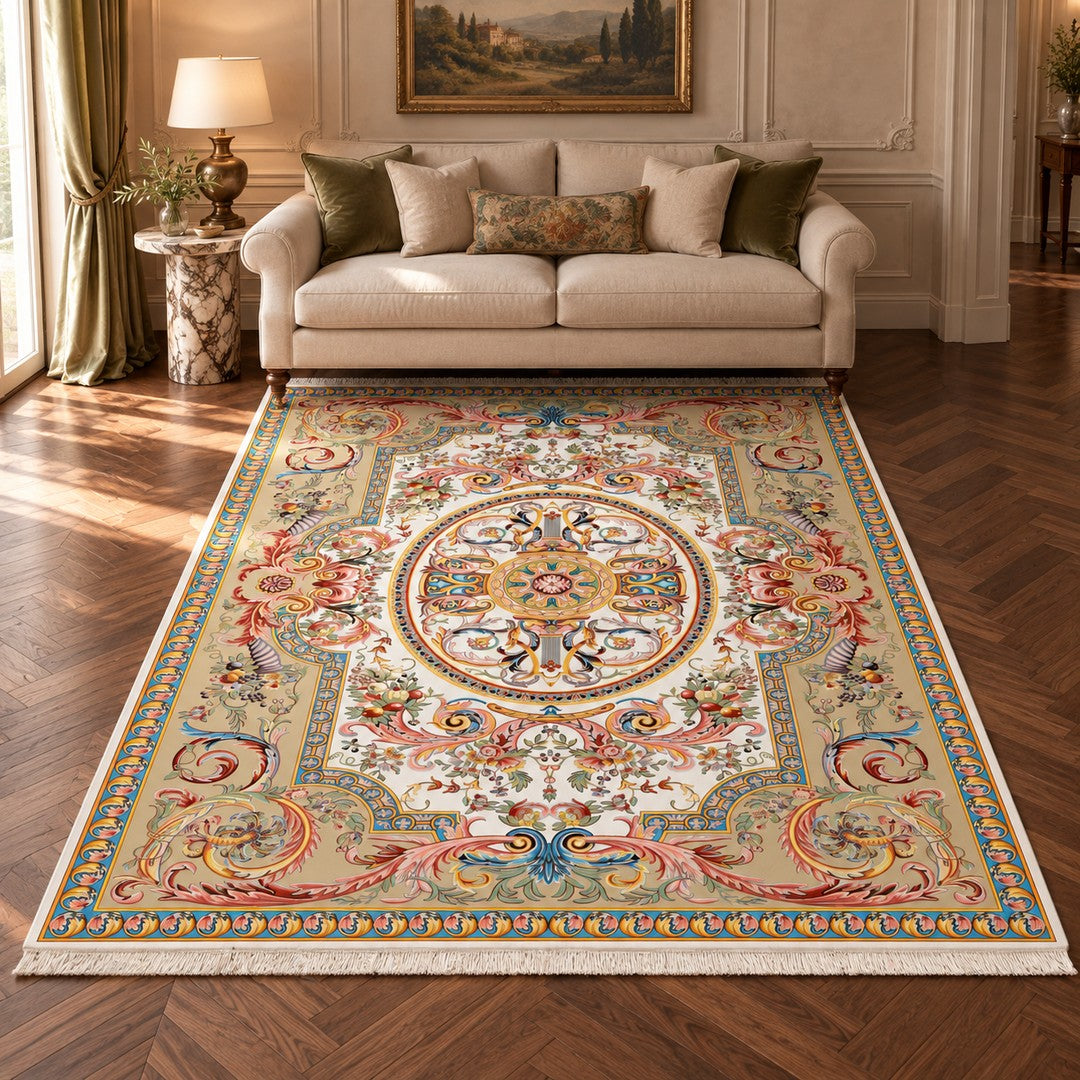 AI-generated interior visualization — 12RD118-0067 — rug 300 x 200 cm; illustrative staging.