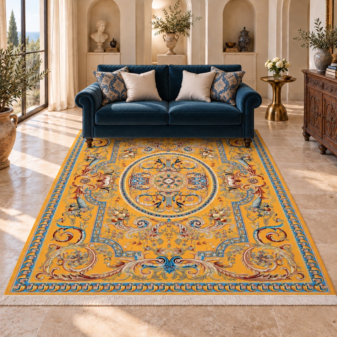 AI-generated interior visualization — 12RD118-0068 — rug 300 x 200 cm; illustrative staging.