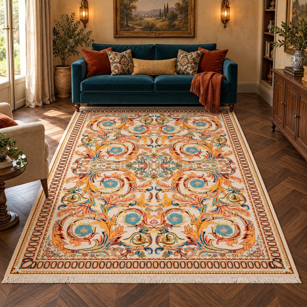 AI-generated interior visualization — 12RD126-0035; woven rug 300 x 200 cm. Illustrative scale.