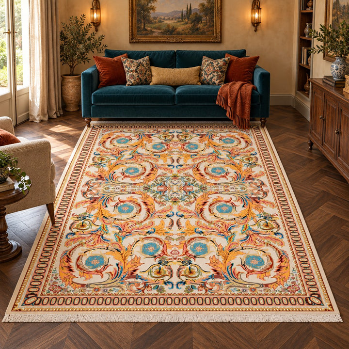 AI-generated interior visualization — 12RD126-0035; woven rug 300 x 200 cm. Illustrative scale.