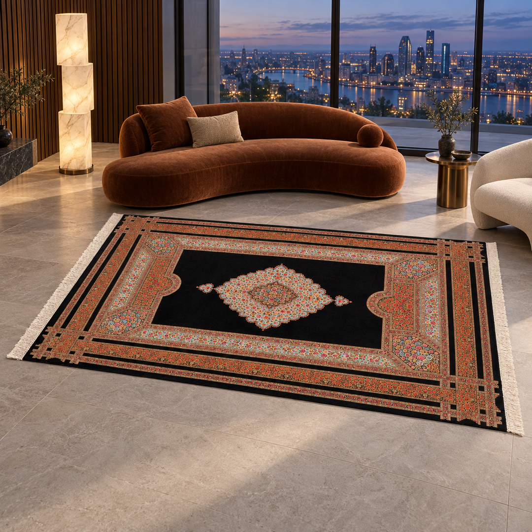 AI-styled lifestyle view of Scarlet Rose in a luxury residence. Refer to the original product photo for exact rug detail and color.