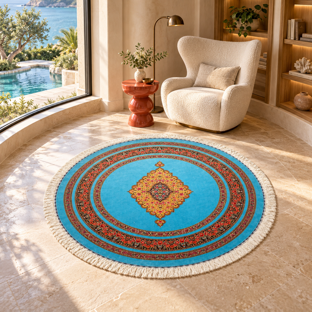 AI-styled lifestyle view of Scarlet Bloom in a luxury residence. Refer to the original product photo for exact rug detail and color.