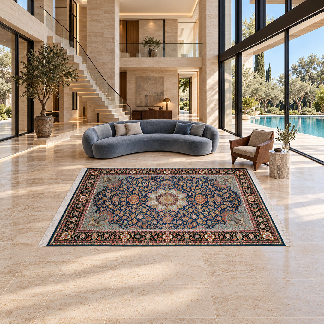 AI-styled lifestyle view of Timeless Mark in a luxury residence. Refer to the original product photo for exact rug detail and color.