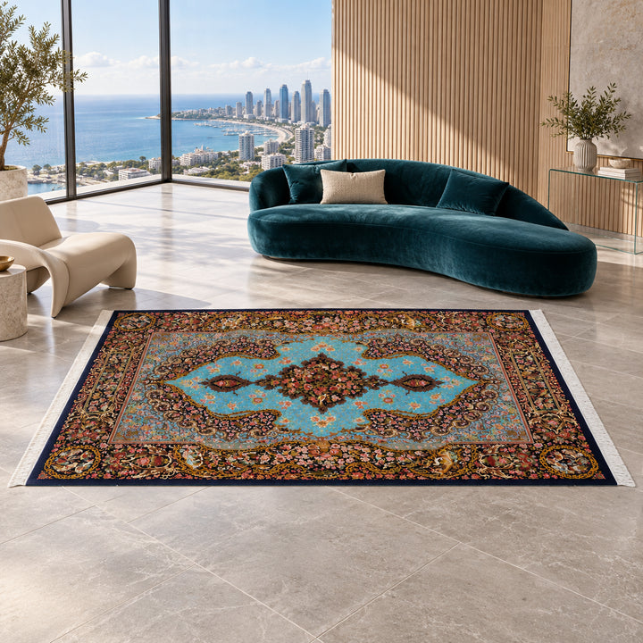 AI-styled lifestyle view of Dawn Bird in a luxury residence. Refer to the original product photo for exact rug detail and color.
