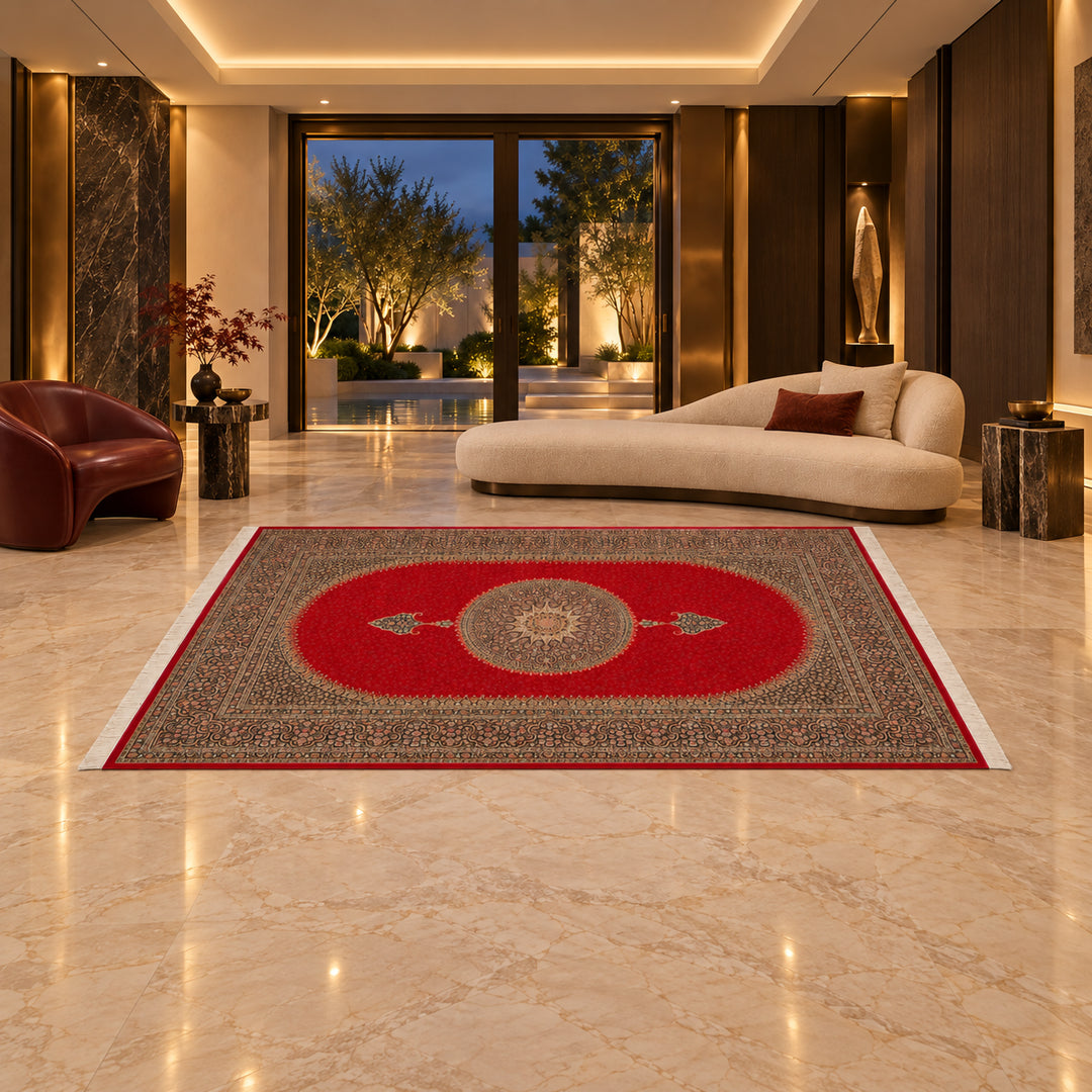 AI-styled lifestyle view of Heritage Grid in a luxury residence. Refer to the original product photo for exact rug detail and color.