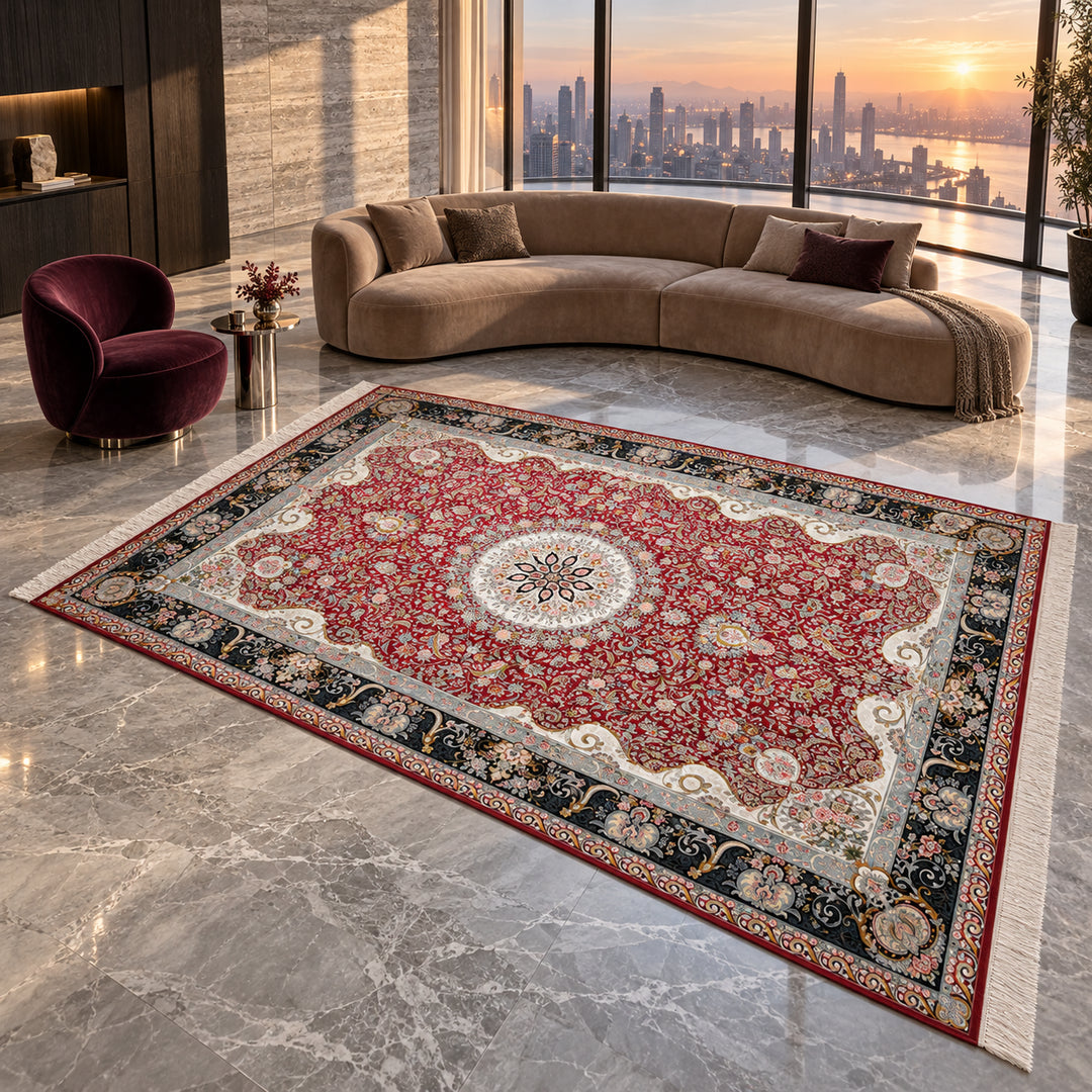 AI-styled lifestyle view of Northern Light in a luxury residence. Refer to the original product photo for exact rug detail and color.