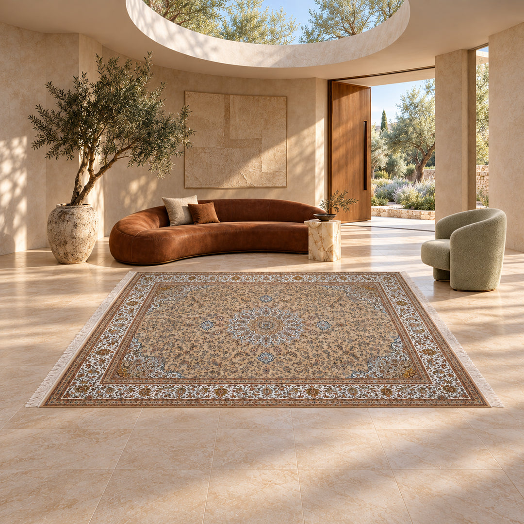 AI-styled lifestyle view of Timeless Mark in a luxury residence. Refer to the original product photo for exact rug detail and color.