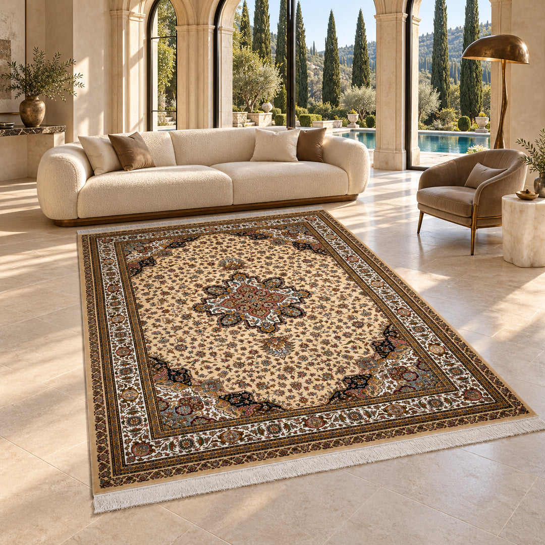 AI-styled lifestyle view of Pure Heritage in a luxury residence. Refer to the original product photo for exact rug detail and color.