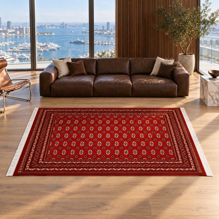 AI-styled lifestyle view of Bokhara in a luxury residence. Refer to the original product photo for exact rug detail and color.