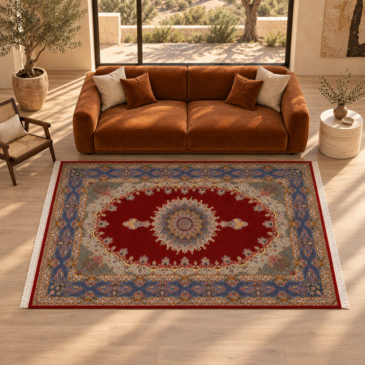 AI-styled lifestyle view of Petal Flow Brick Red, 300 × 200 cm, with the long edge across the seating. Refer to the original product photo for exact textile detail and color.