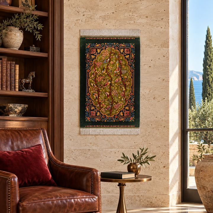 AI-styled lifestyle view of Bird Green displayed as a decorative silk wall textile. Refer to the original product photo for exact textile detail and color.