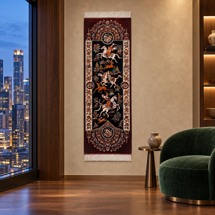 AI-styled lifestyle view of Hunting displayed as a decorative silk wall textile. Refer to the original product photo for exact textile detail and color.