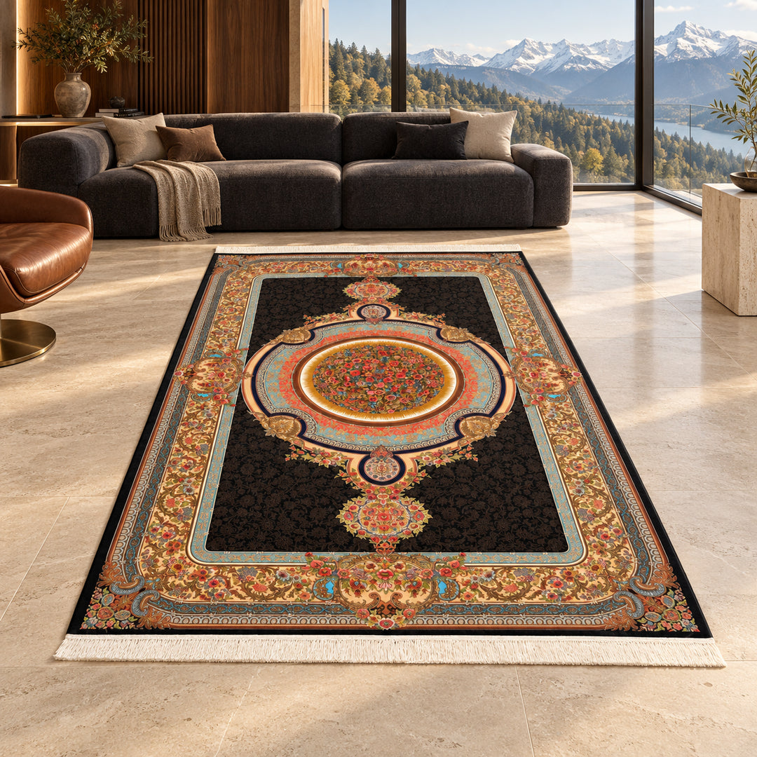 AI-styled lifestyle view of Silk Petal in black in a luxury residence. Refer to the original product photo for exact rug detail and color.